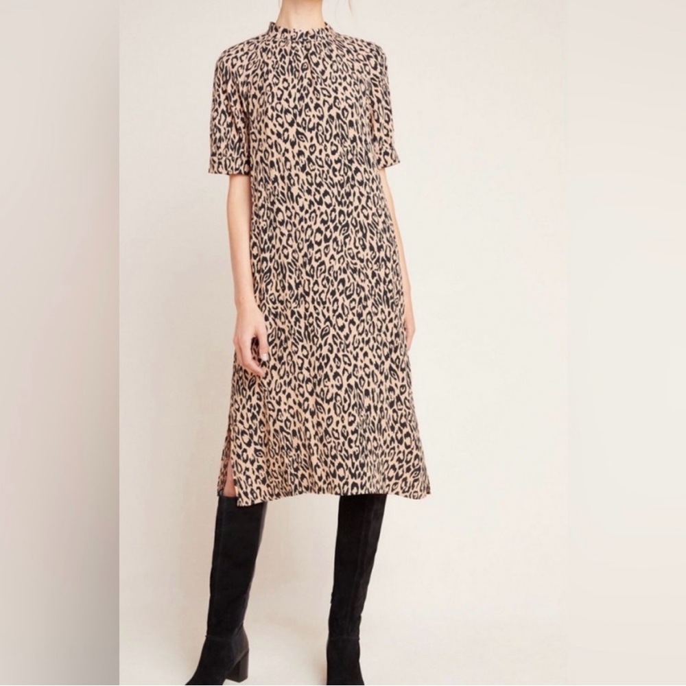 Anthropologie brown and black leopard Print Midi Dress XS